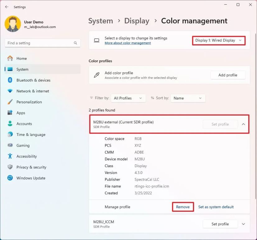 Windows 11 24H2 remove and reset color profile 