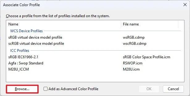 Associate color profiles browse option