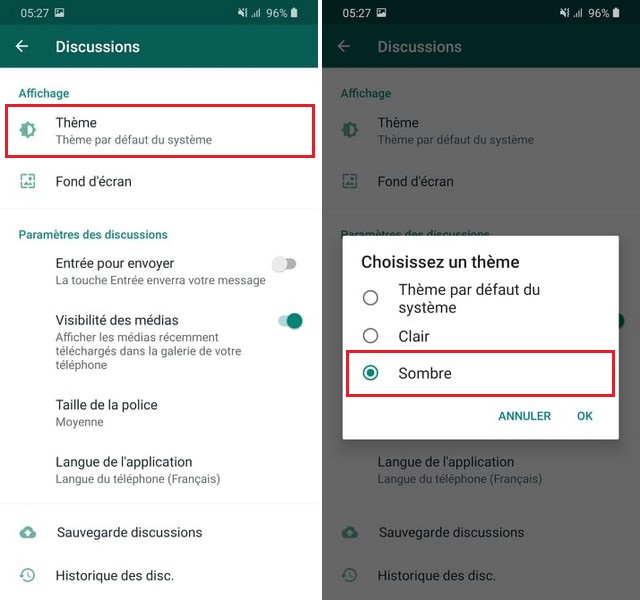 Activer le mode sombre sur WhatsApp pour Android