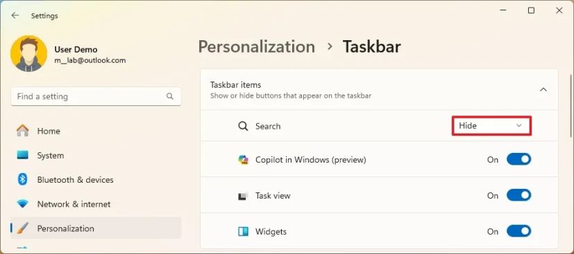 Hide Search from Taskbar