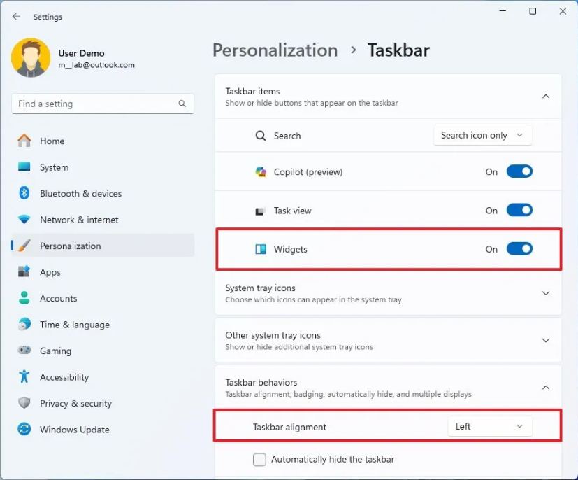 Taskbar settings align Widgets to the right