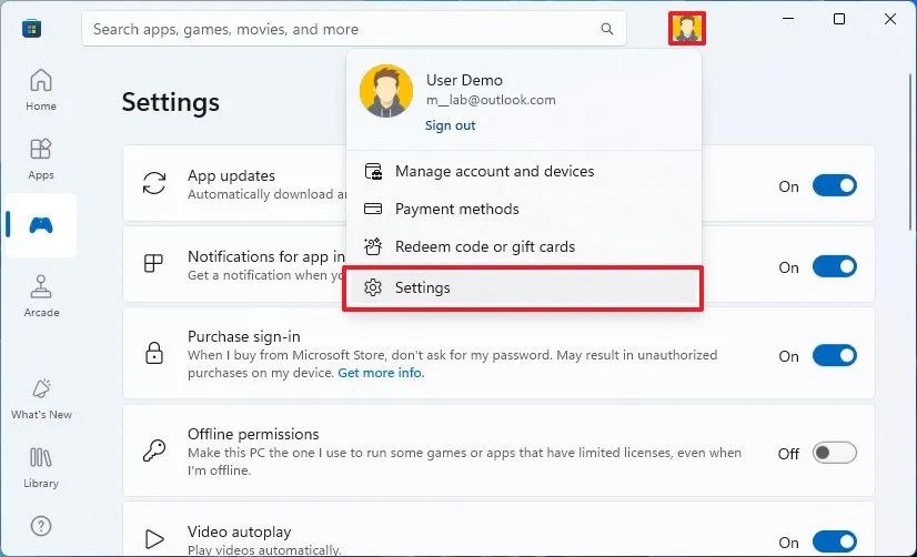 Microsoft Store settings option 