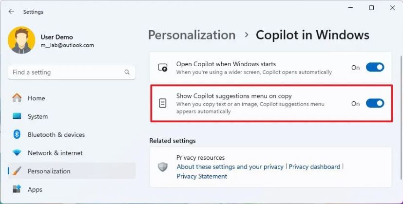 Enable Show Copilot suggestions menu on copy