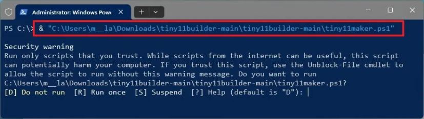 Tiny11 Builder run script in PowerShell