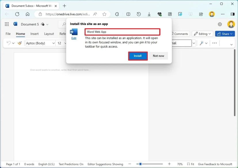 Installing Office apps web using Edge