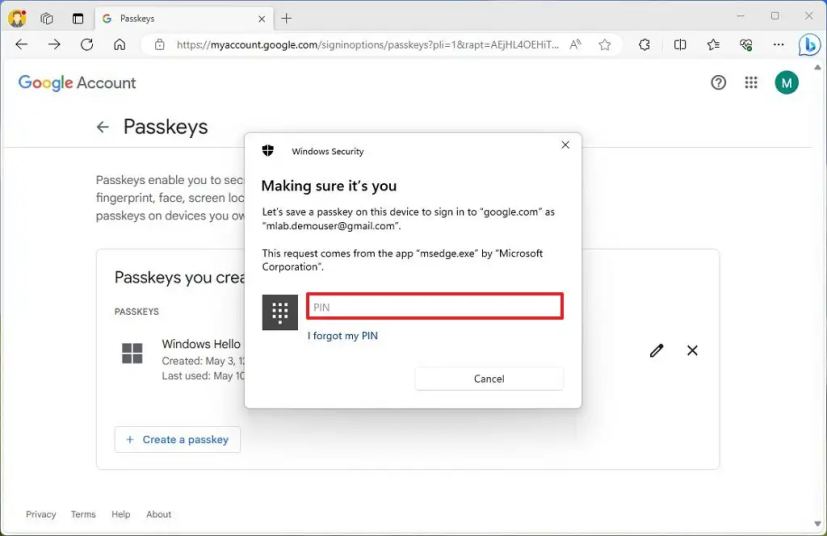 Windows Hello Passkey authentication