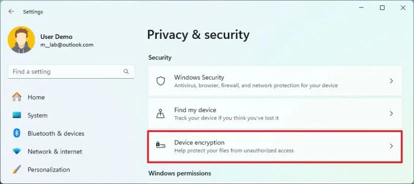 Open Device encryption settings