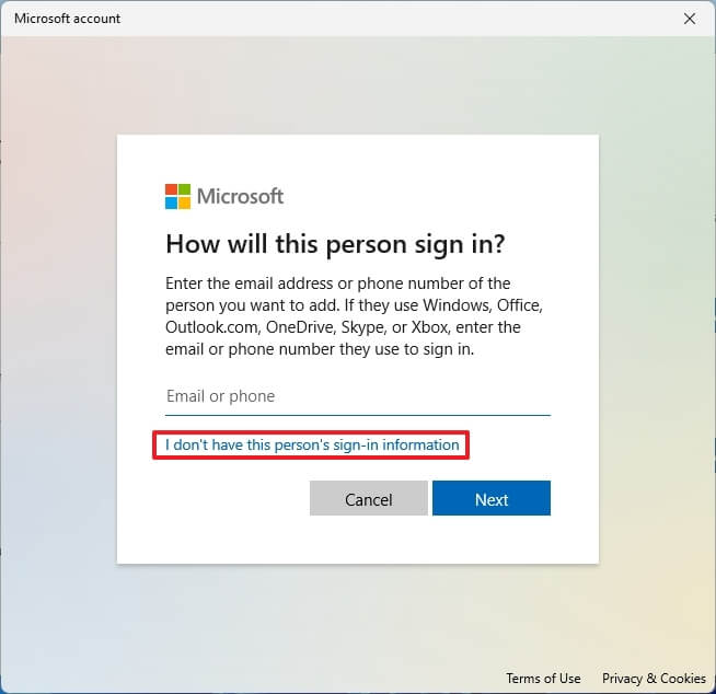 Skip Microsoft account option