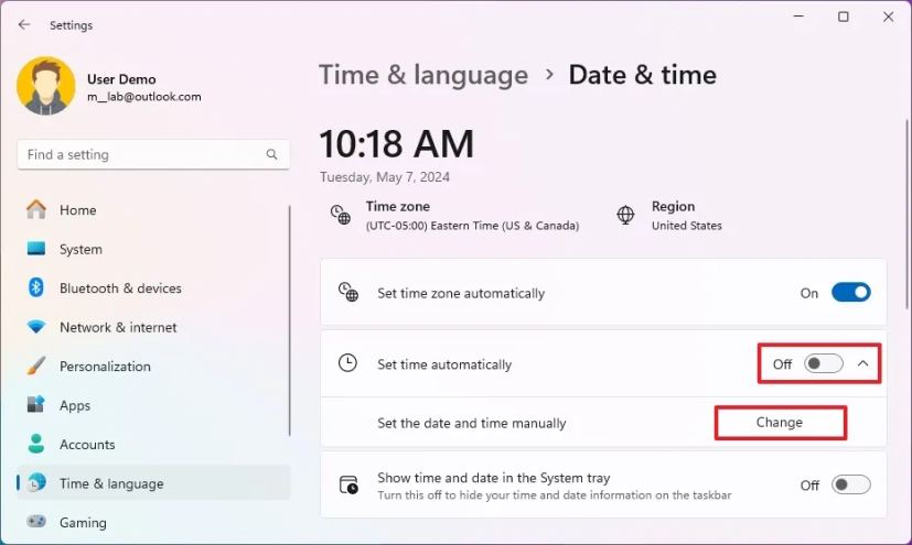 Change date and time manually