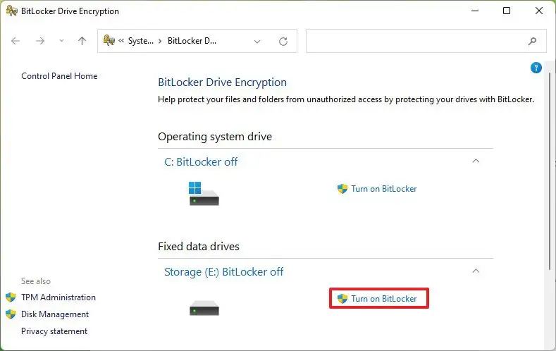 Enable BitLocker fixed drive