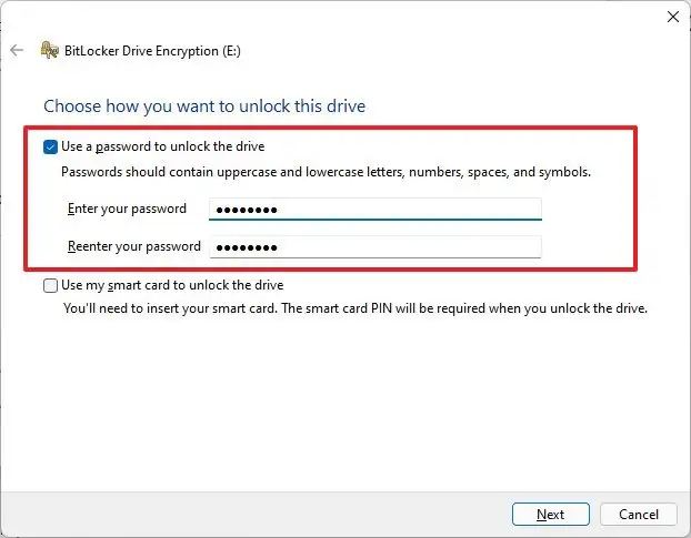 BitLocker password unlock drive settings