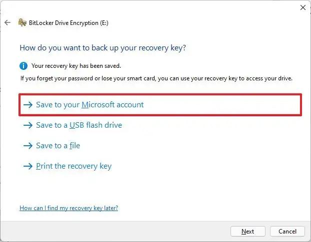 Save recovery key on Microsoft account