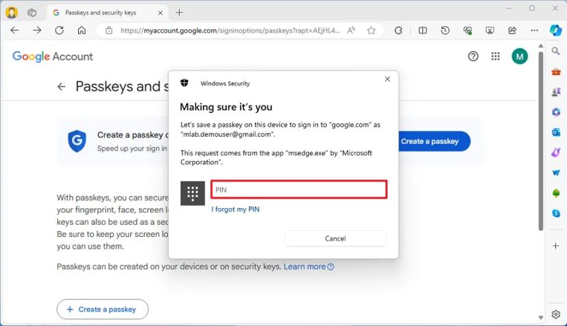 Windows Hello Passkey authentication