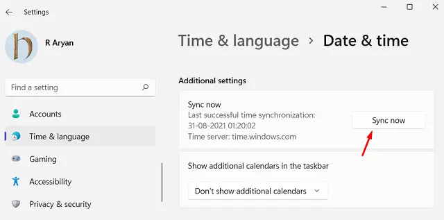 Windows 11 - Sync Date and Time