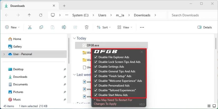 OFGB disable ads on Windows 11