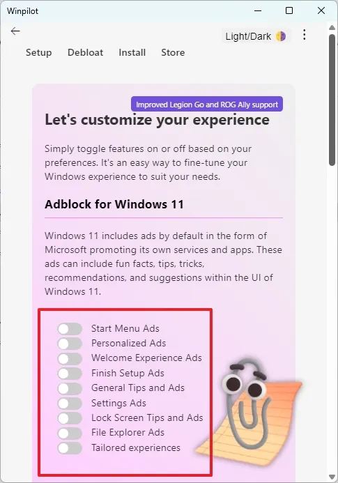 Winpilot disable ads on Windows 11
