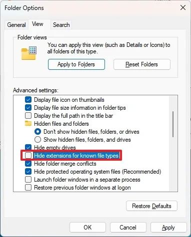 Hide extensions for known files disabled