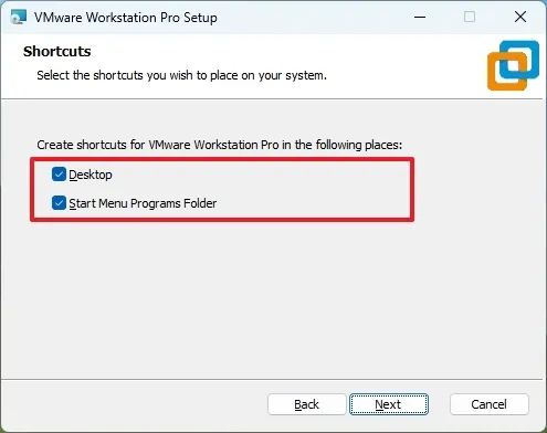 VMware install shortcuts