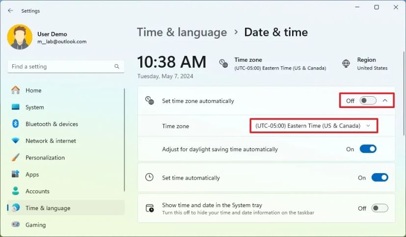 Change time zone setting