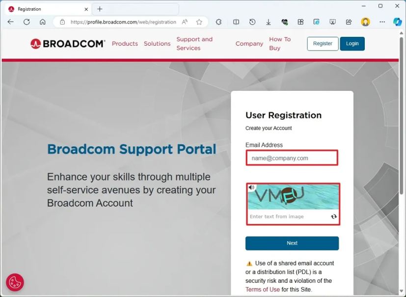 Broadcom registration for VMware