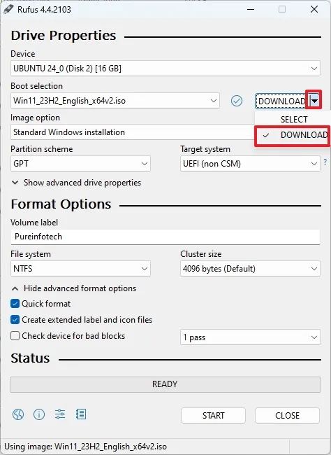 Rufus Windows 11 ISO download option