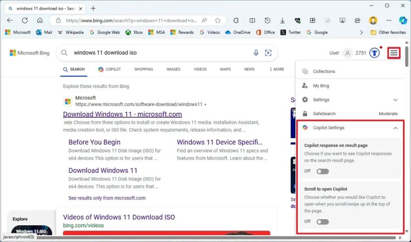 Bing disable Copilot response on result page