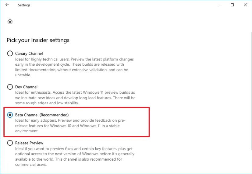 Change Windows 10 Insider channel