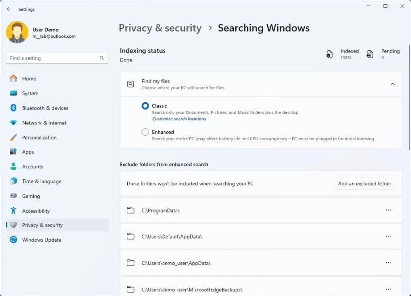 Windows Search settings