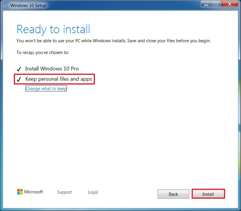 Keep files during Windows 7 to Windows 10 upgrade option